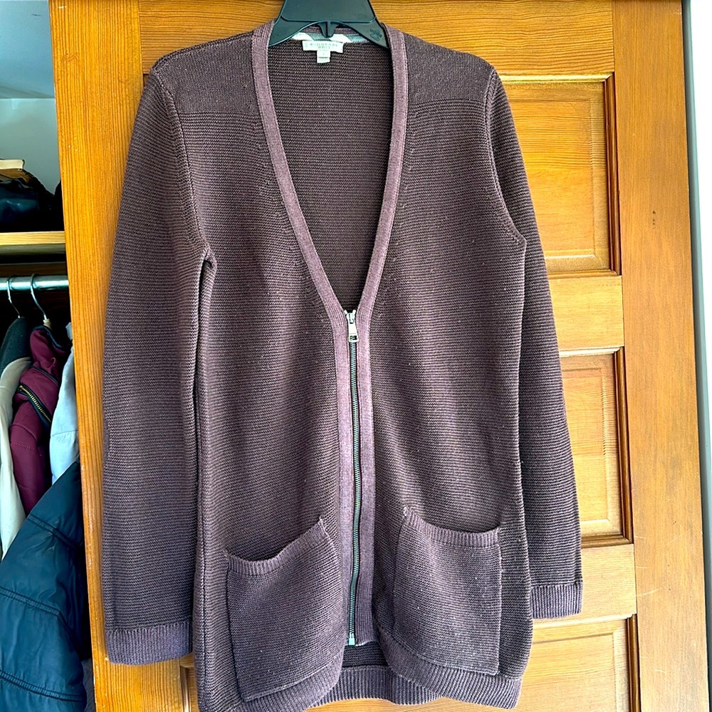 BURBERRY BRIT 100%MERINO WOOL BROWN WHIT ZIP CARDIGAN WITH POCKETS SIZE LARGE